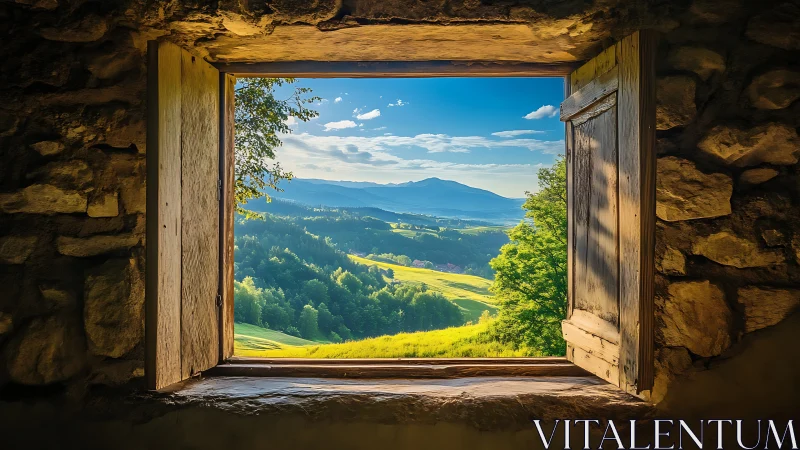 Sunlit valley through a rustic stone cottage window.