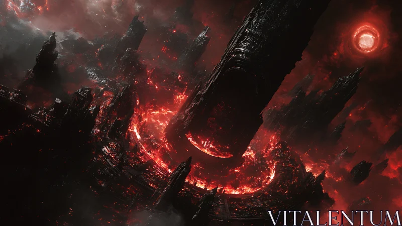 Massive orbital megastructure descends into molten red nexus