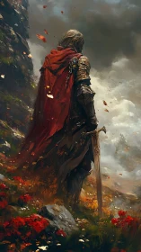 Armored warrior with sword in stormy mountain valley.