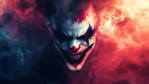 Sinister clown face emerging from red and blue smoke clouds.