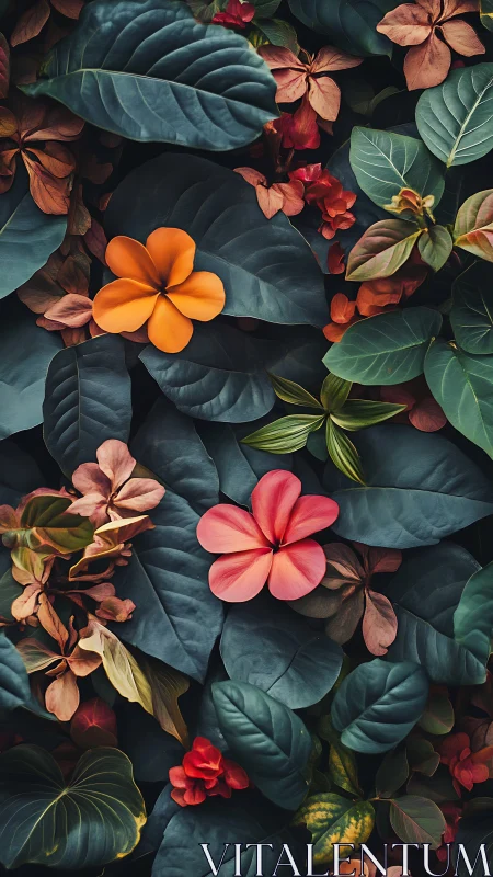 Vibrant Floral Composition on Dark Foliage Background