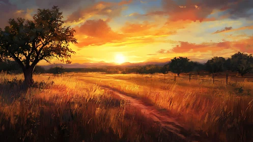 Golden dirt road wandering into a wildfire sunset hush.