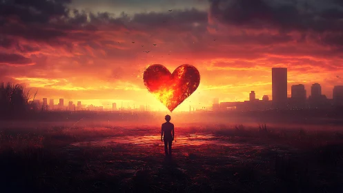Solitary Figure Beneath Burning Heart Balloon at Dusk.
