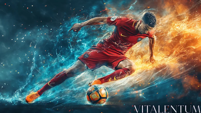 Fiery soccer player charges through swirling elemental energy.