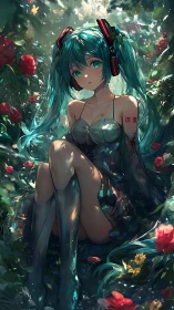 Forest daydream with teal haired girl and glowing roses.