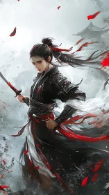 Focused female warrior in black and red samurai armor.