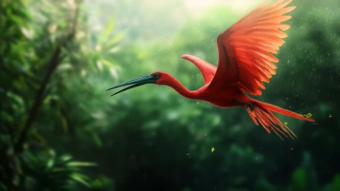 Scarlet tropical bird glides through a glowing rain-soaked jungle