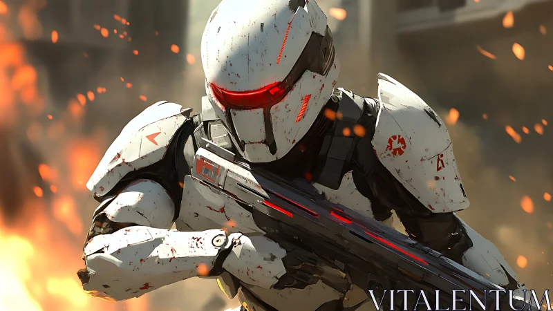 Armored sci fi soldier with rifle amid falling embers.