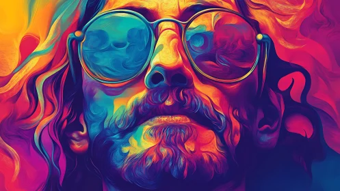 Vibrant psychedelic portrait with reflective sunglasses glow.