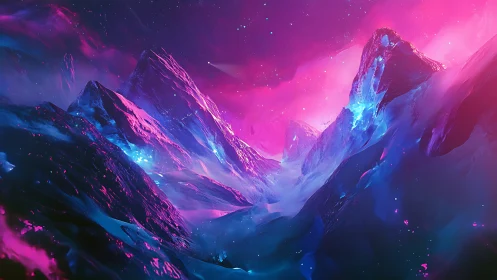 Neon-lit alien mountains rise under glowing magenta sky