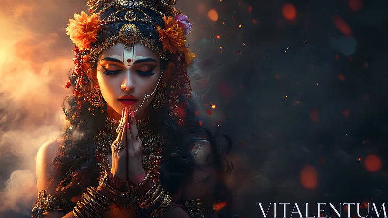 Divine goddess in fiery prayer amid swirling embers.