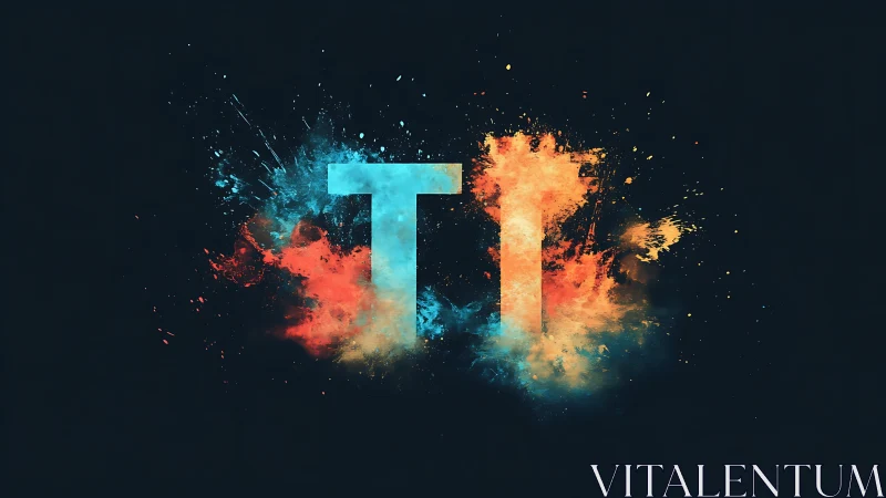 Letters TI stand amid symmetric blue and orange powder bursts