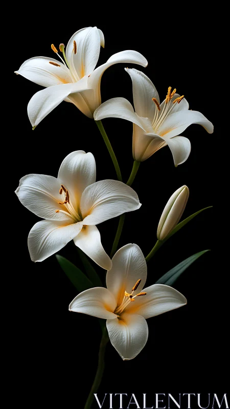 White lilies with golden stamens photographed against black background