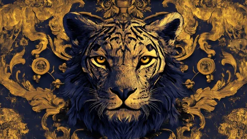 Golden tiger portrait emerges from ornate baroque patterns.