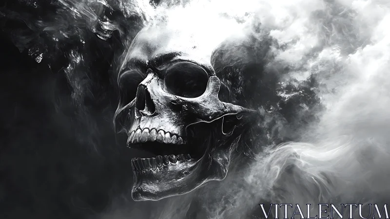 Chrome skull merges with stormy monochrome smoke cloud.
