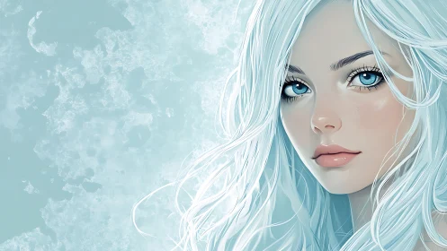 Ice-haired woman gazes forward with piercing blue eyes.