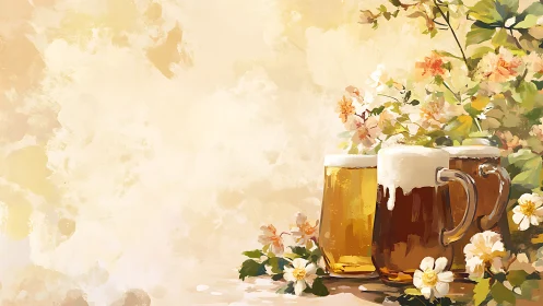 Beer mugs and floral elements are arranged against pale ground