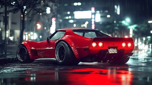 Red sports car waits in neon‑lit rain on city streets