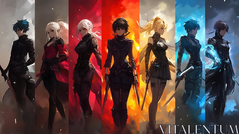 Elemental anime guardians standing united in glowing color.