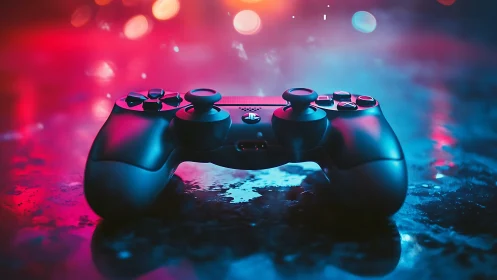 Game controller on wet surface under neon studio lighting.