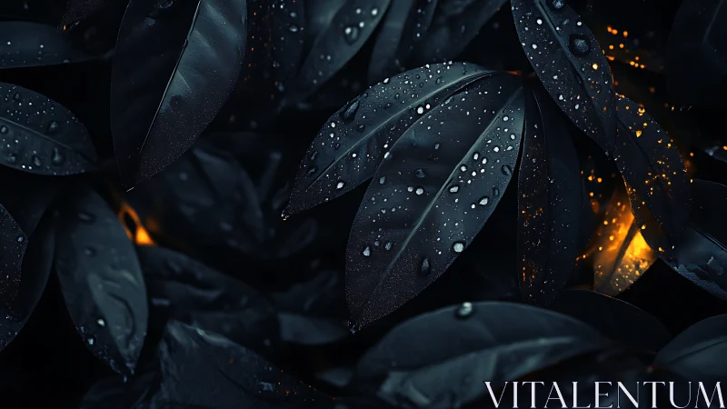 High-contrast macro foliage with raindrop speculars and ember bokeh