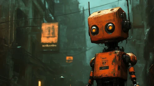 Orange robot surveys rain-soaked cyberpunk alleyway. Period.