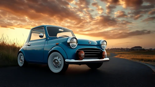 Charming blue microcar welcomes sunset on a quiet country road