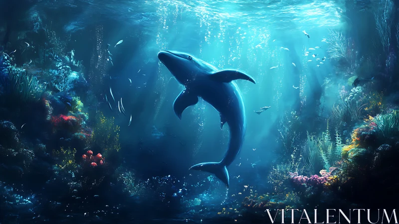 Digital whale rendered in illuminated underwater reef environment