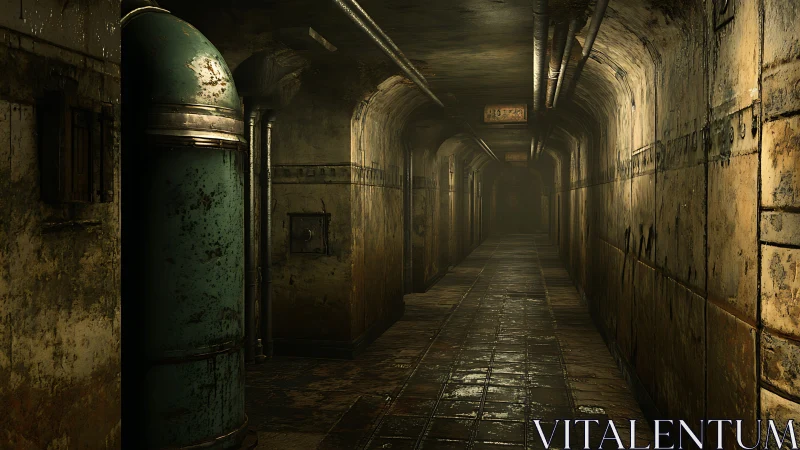 Rusty industrial bunker corridor recedes into shadowed depth