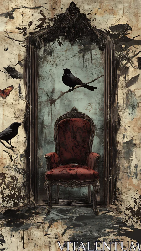 Gothic throne vignette with corvid perches and decayed frame.
