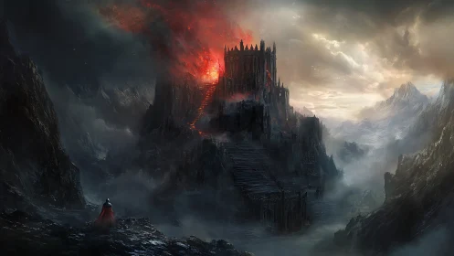 Dark fortress rises amid volcanic glow in a misted valley