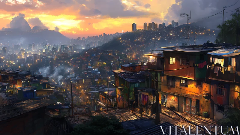 Rusty hillside favelas trade starlight with the waking city