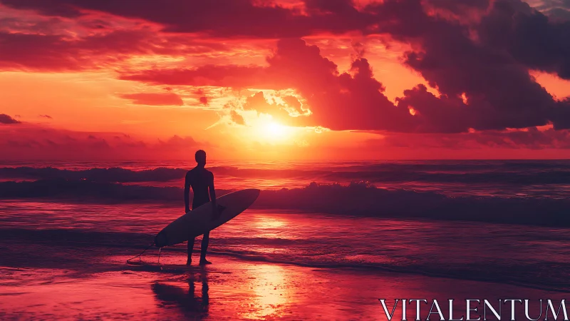 Surfer stands at shoreline watching intense red sunset.