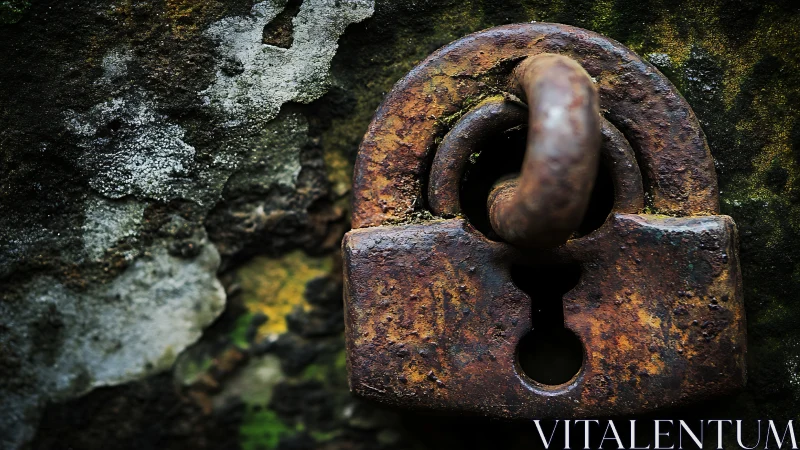 Rust-bitten padlock guarding weatherworn stone secrets.