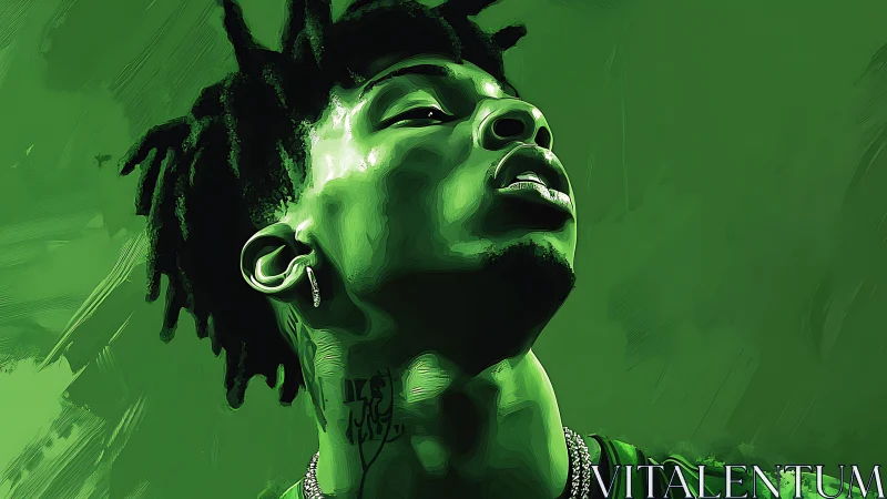 Upward gaze in monochrome green digital portrait study.