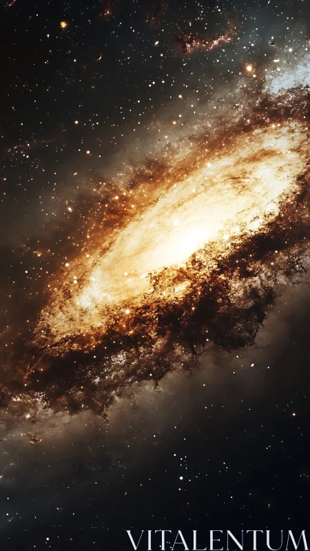 Spiral galaxy blazing with golden stellar dust clouds.