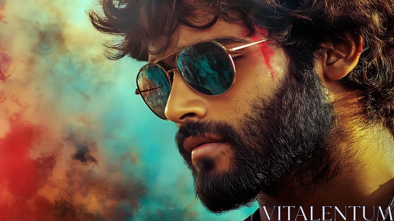 Bearded man in sunglasses against vivid color clouds.