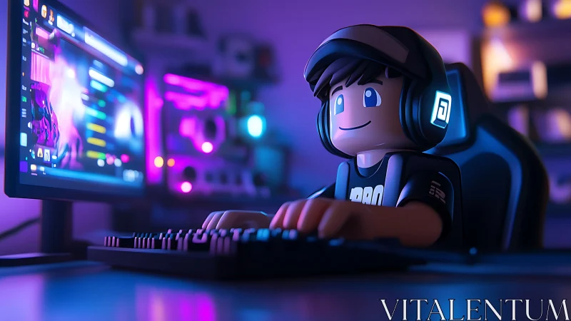 Stylized 3D gamer figurine at RGB-lit dual-monitor streaming setup