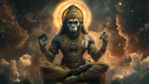 Divine simian deity in celestial meditation with radiant halo.