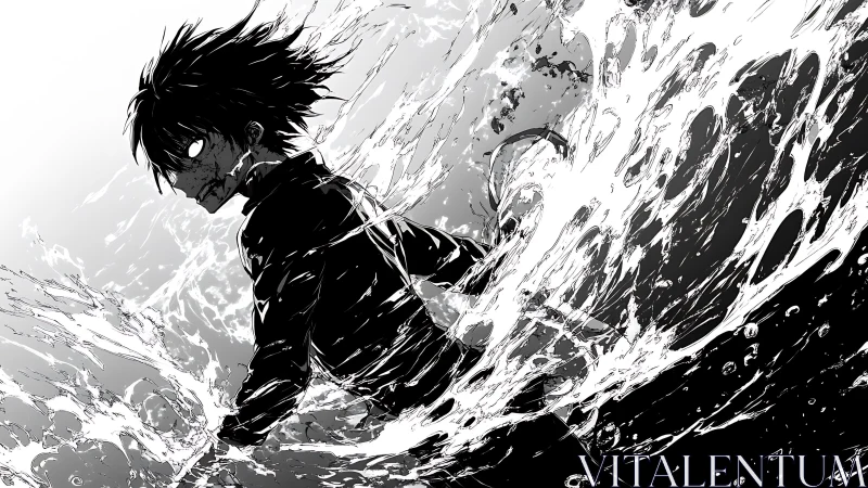 Dark haired anime boy stands in violent monochrome water.