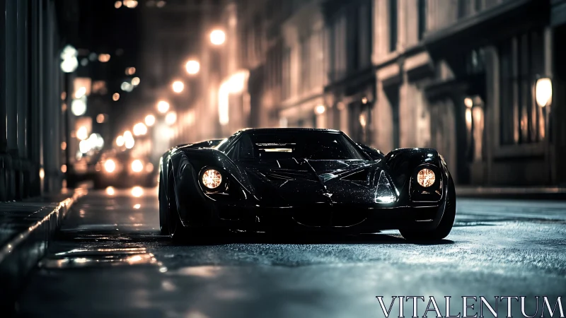 Midnight supercar on wet urban street with cinematic lighting.