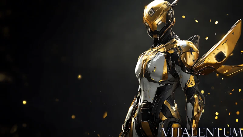 Gold armored android stands against dark cinematic void.