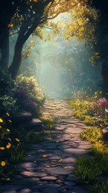 Sunlit stone forest path with lush blooming borders. Period.