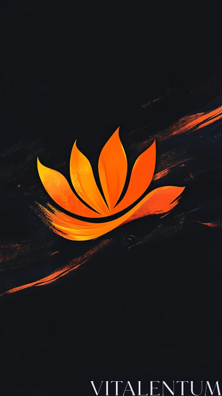 Orange abstract lotus emblem on dark textured background.