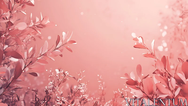 Soft pink foliage branches on pastel blurred background.