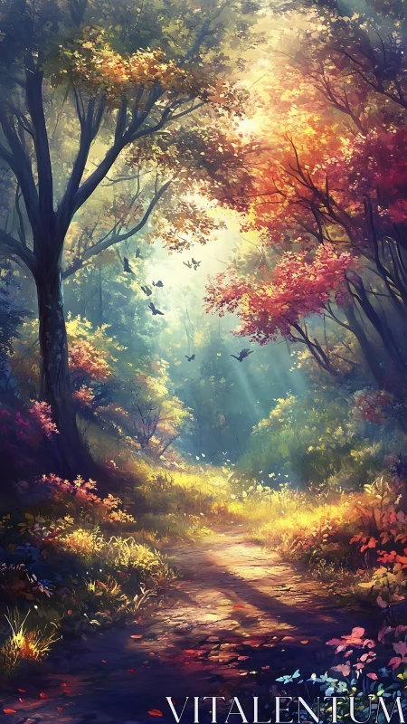 Autumn Forest Path with Canopy Light and Flying Birds