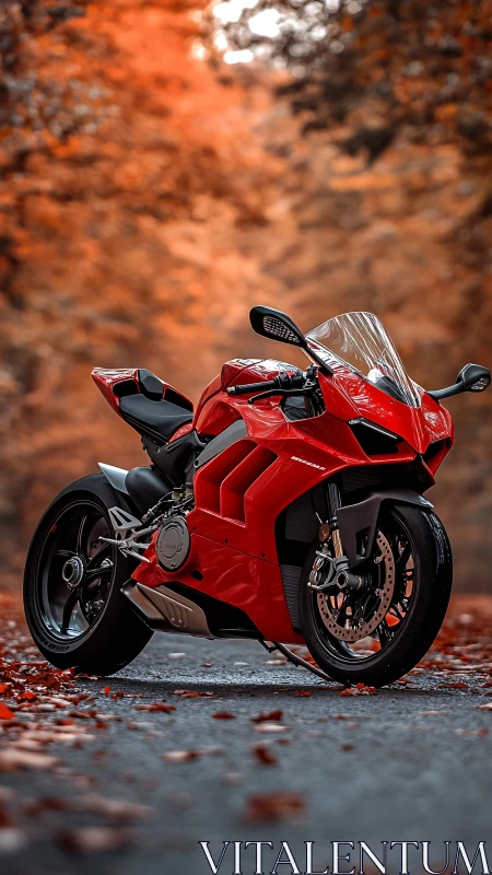 Red sport motorcycle on forest road with autumn foliage.