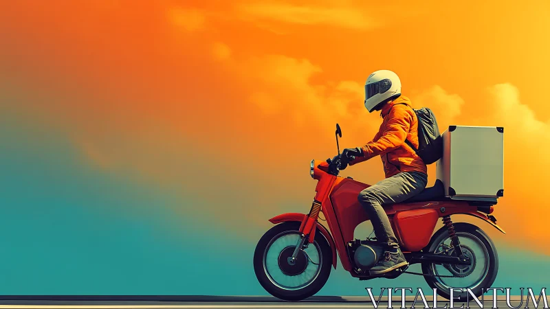 Motorcycle courier in chromatic gradient transit field.