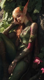 Elven figure resting against tree in dense green foliage.