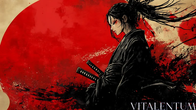 Solitary ronin stands before brutal red rising sun